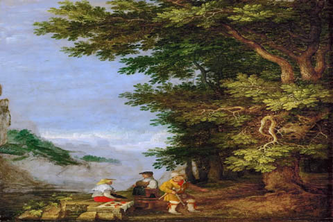 (Roelandt Savery (1576-1639) -- Mountain Landscape with Fruit Vendor)