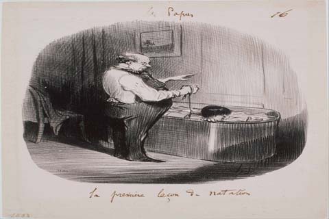 (Honoré Daumier (1808–1879)-Les Papas La première leçon de natation)