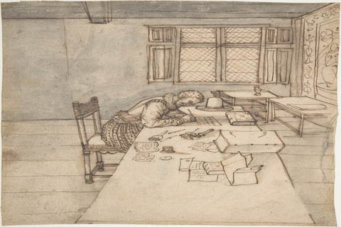 (Anonymous Interior with a Man Writing on a Long Table)