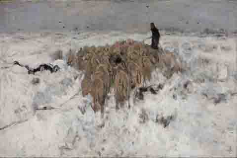 《羊群在雪地里与牧羊人在一起》(Anton Mauve Flock of sheep with shepherd in the snow)