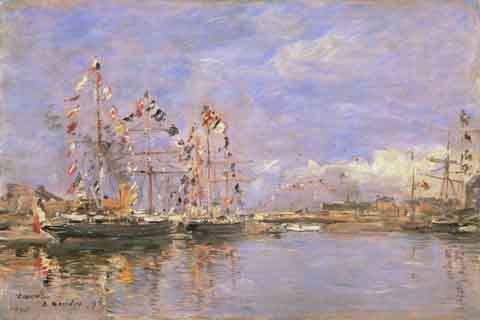 (Eug¨¨ne-Louis Boudin French 1824-1898 Deauville Flag-Decked Ships in the Inner Harbor.tif