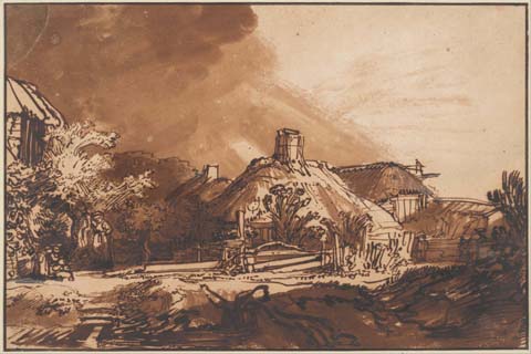 (Rembrandt (1606–1669)-Cottages under a Stormy Sky, c. 1635)