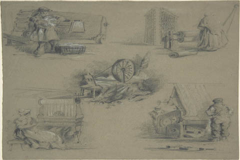 (Anonymous Five drawings showing processes of weaving and spinning)