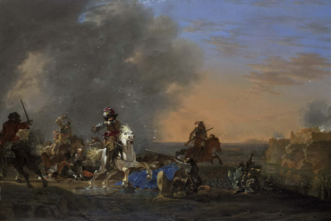 (Asselijn Jan Ruitergevecht bij zonsondergang. 1646)
