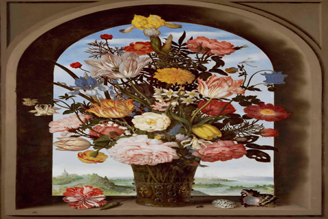 《一个窗户上的花瓶》-安布洛修斯·博斯舍尔(Ambrosius Bosschaert the Elder - Vase of Flowers in a Window)