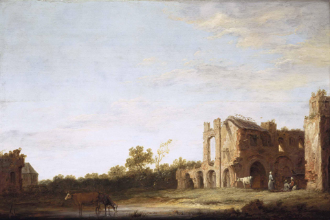 《在莱顿附近的斯堡修道院的遗迹》-埃尔伯特·库伊普(Aelbert Cuyp - Landscape with the Ruins of Rijnsburg Abbey, near Leiden)