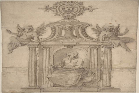 (Attributed to Anonymous Ornamental Drawing with St. John the Evangelist Seated)