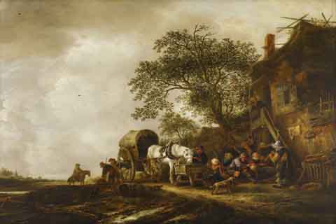 《旅客们在一家客栈前停下来》(Isack van Ostade - Travelers Halting at an Inn, c.1635-1649)