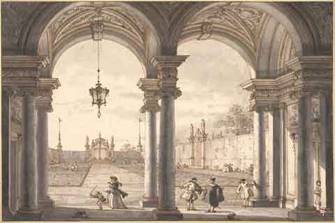 (Canaletto (1697–1768)-View through a Baroque Colonnade into a Ga)