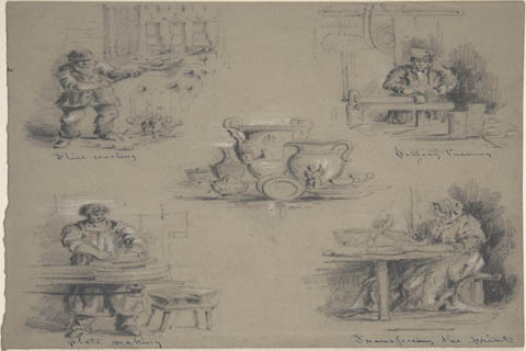 (Anonymous Five drawings showing the manufacture of china)