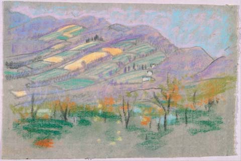 《紫山风景》-阿瑟·鲍恩·戴维斯(Arthur Bowen Davies (1862–1928)-Landscape with purple mountains from A.B. Davies book, edition #50)